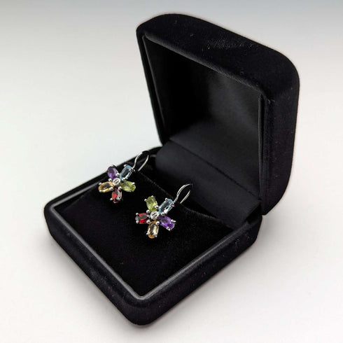 British Vintage Jewelry Diamond & Multi-Stone Flower Sterling Silver Earrings
