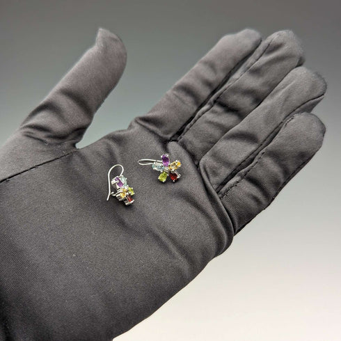 British Vintage Jewelry Diamond & Multi-Stone Flower Sterling Silver Earrings
