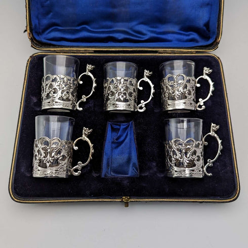 1906 British Antique Sterling Silver Holder Liqueur Glass Set of 5 Marks and Cohen Case