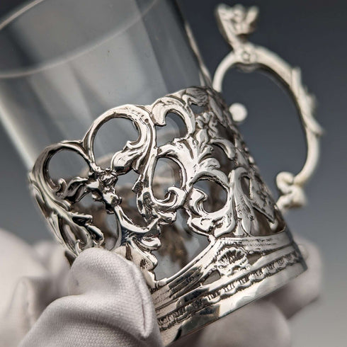 1906 British Antique Sterling Silver Holder Liqueur Glass Set of 5 Marks and Cohen Case