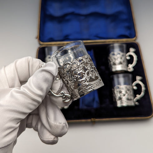 1906 年英國古董純銀酒杯利口酒玻璃杯套裝 5 件馬克和科恩盒