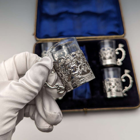 1906 British Antique Sterling Silver Holder Liqueur Glass Set of 5 Marks and Cohen Case