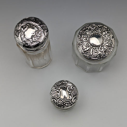 Circa 1903 British Antique Sterling Silver Lid Glass Jar Set of 3