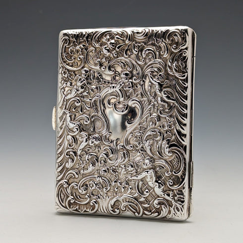 1900 British Antique Angel Sculpture Double Open Sterling Silver Card Case 117g WILLIAM COMYNS