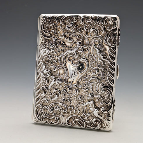 1900 British Antique Angel Sculpture Double Open Sterling Silver Card Case 117g WILLIAM COMYNS