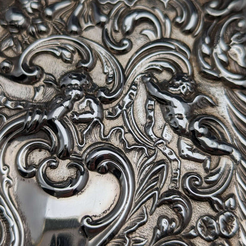 1900 British Antique Angel Sculpture Double Open Sterling Silver Card Case 117g WILLIAM COMYNS