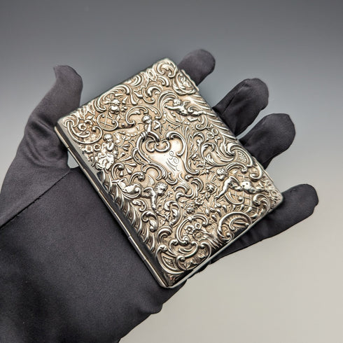 1900 British Antique Angel Sculpture Double Open Sterling Silver Card Case 117g WILLIAM COMYNS