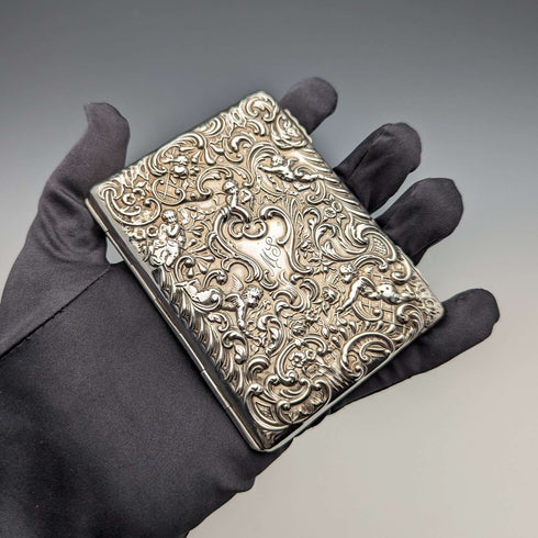 1900 British Antique Angel Sculpture Double Open Sterling Silver Card Case 117g WILLIAM COMYNS