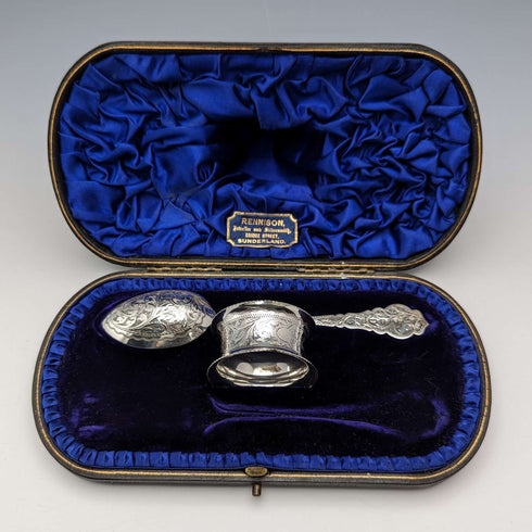 Circa 1900 British Antique Sterling Silver Spoon and Napkin Ring Set 36g in Case Hilliard and Tomason