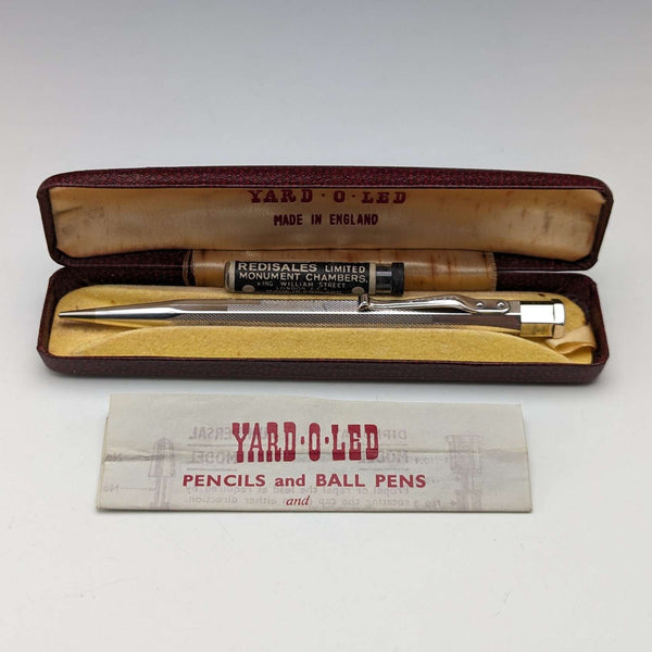 British Vintage Yard O' Red Rolled Silver Hexagon Propelled Pencil in Case