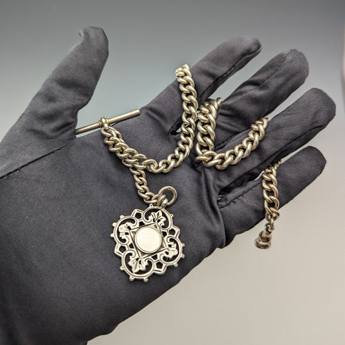 1900年頃 英国アンティーク 純銀製アルバートチェーン62g メダルフォブ