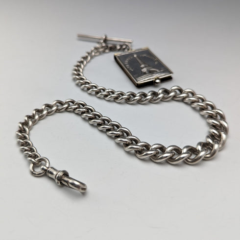 Circa 1920 British Antique Sterling Silver Albert Chain 61g Mini Album Fob