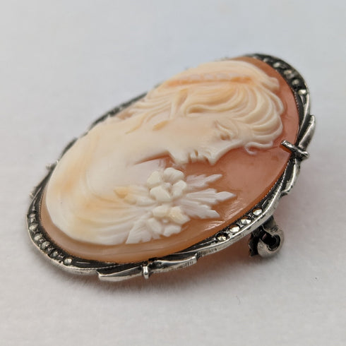 Vintage 800 Silver & Marcasite Shell Cameo Brooch, Pendant