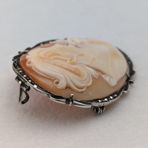 Vintage 800 Silver & Marcasite Shell Cameo Brooch, Pendant