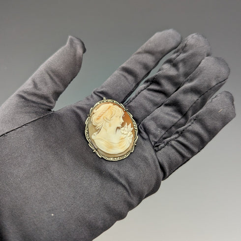 Vintage 800 Silver & Marcasite Shell Cameo Brooch, Pendant