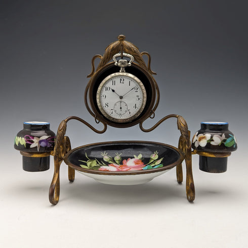 約 1900 年英國古董黃銅、陶瓷懷錶支架配件托盤