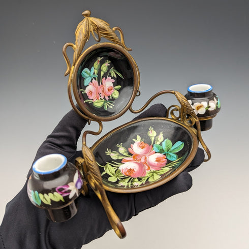 約 1900 年英國古董黃銅、陶瓷懷錶支架配件托盤