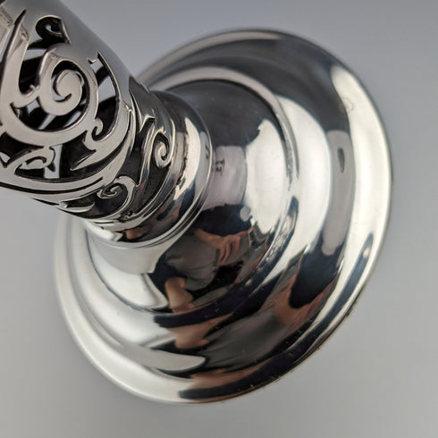 Circa 1901 British antique sterling silver vase pair with earring decoration, total weight 312g, Josiah Williams