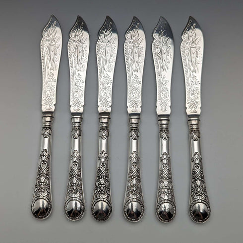 1871年 英国アンティーク 総純銀製 フィッシュカトラリーセット 6ペア 計607g Martin and Hall 木箱入り