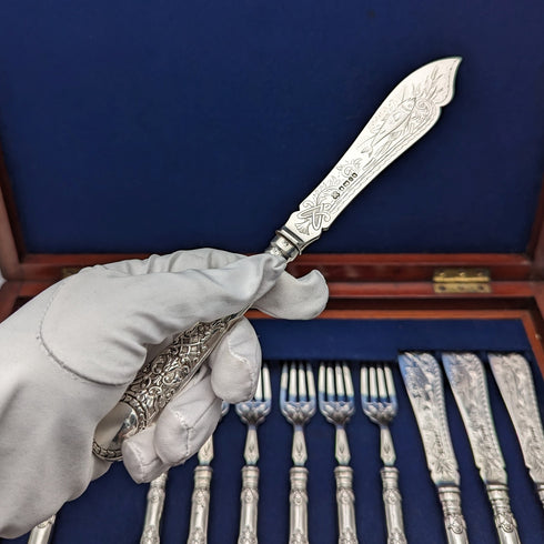 1871年 英国アンティーク 総純銀製 フィッシュカトラリーセット 6ペア 計607g Martin and Hall 木箱入り