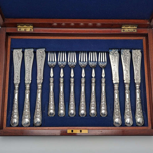 1871年 英国アンティーク 総純銀製 フィッシュカトラリーセット 6ペア 計607g Martin and Hall 木箱入り