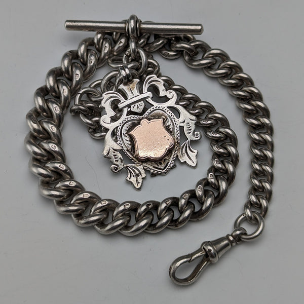1906 British antique sterling silver Albert chain, extra thick 85g emblem fob