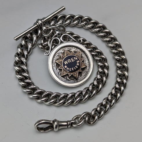 1910 British antique sterling silver Albert chain, extra thick 65g medal fob