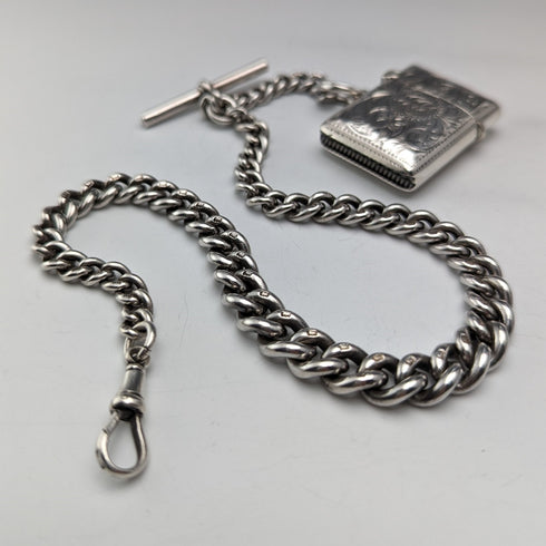 Circa 1900 British antique sterling silver Albert chain, extra thick 74g, Vesta case