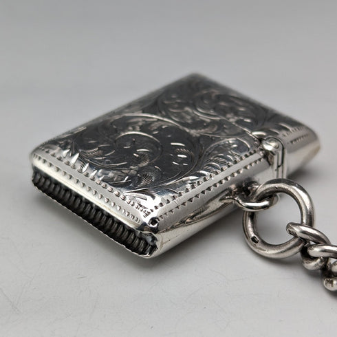 Circa 1900 British antique sterling silver Albert chain, extra thick 74g, Vesta case