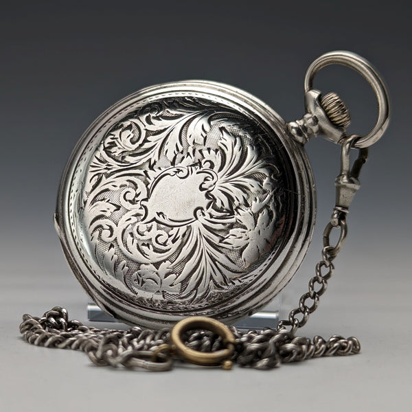 Circa 1908 Antique Longines Pocket Watch, Engraved Silver Side Hunter Case, Good Working Condition, Chain Included