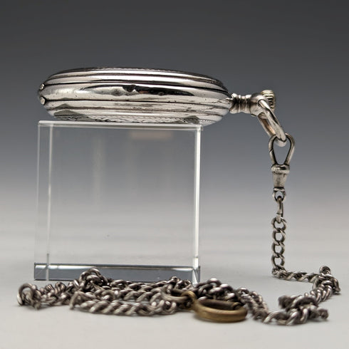 Circa 1908 Antique Longines Pocket Watch, Engraved Silver Side Hunter Case, Good Working Condition, Chain Included