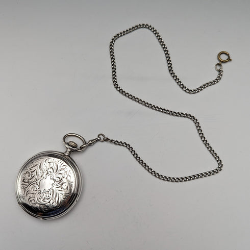 Circa 1908 Antique Longines Pocket Watch, Engraved Silver Side Hunter Case, Good Working Condition, Chain Included