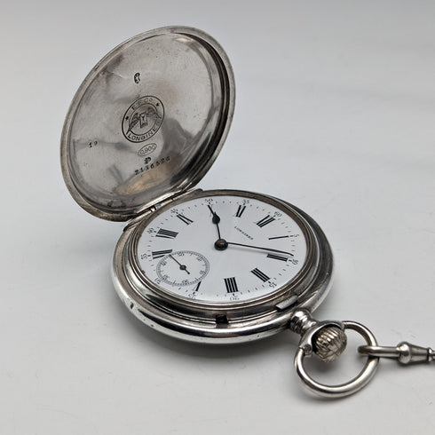Circa 1908 Antique Longines Pocket Watch, Engraved Silver Side Hunter Case, Good Working Condition, Chain Included
