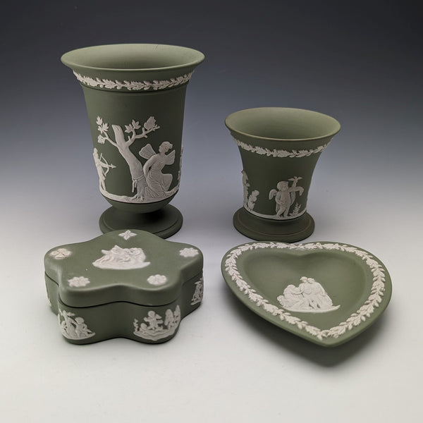 British Vintage Wedgwood Green Jasperware 4-piece set