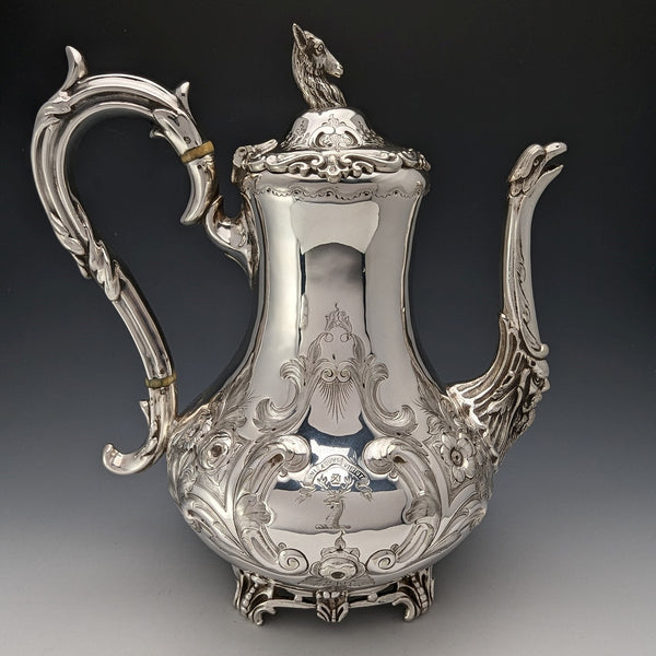 1845 British antique silver plate coffee pot by John Sherwood