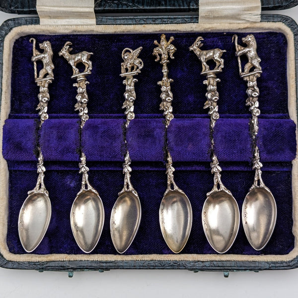 1920 Swiss Antique Figure Engraving 800 Silver Coffee Spoon Set of 6