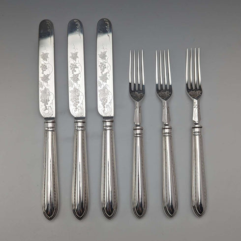 1870 British antique silver plate fruit cutlery set of 12 in wooden box