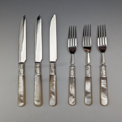 1898 British antique white mother-of-pearl handle dessert cutlery set of 12 in wooden box