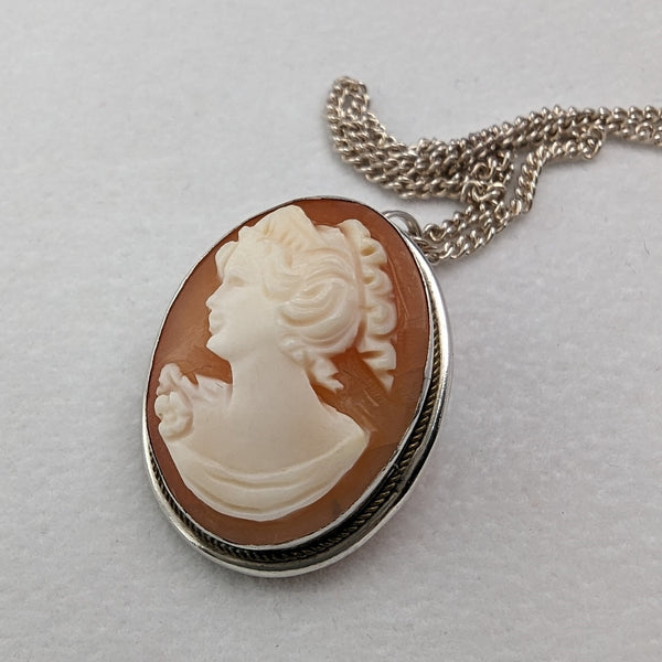 Vintage cameo pendant brooch sterling silver necklace
