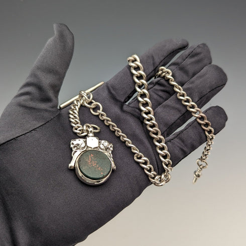 約 1900 年英國古董純銀阿爾伯特鏈 56 克大號 2 色旋轉鑰匙扣