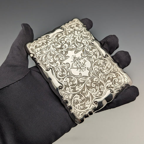 1903 British antique sterling silver large card case, 87g, William Bruford and Sons