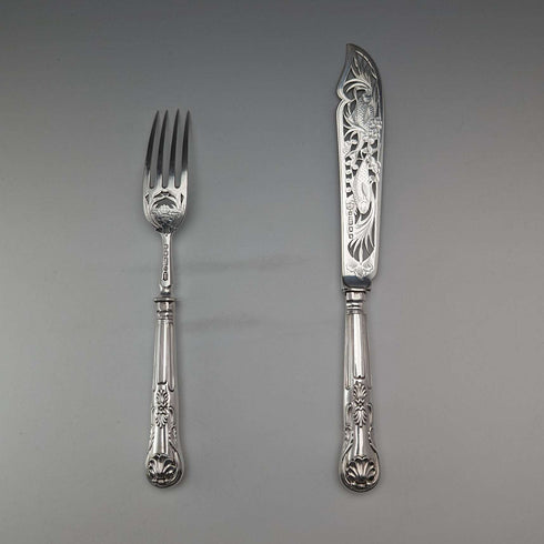 1836 年英國古董純銀手柄魚餐具一對埃爾金頓