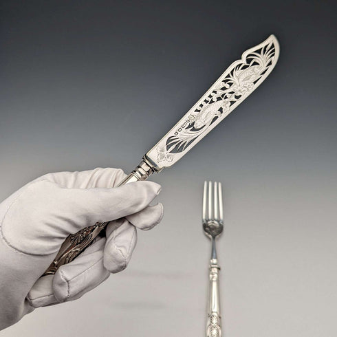 1836 年英國古董純銀手柄魚餐具一對埃爾金頓
