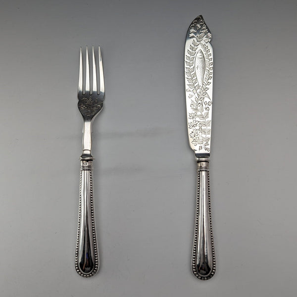 Circa 1865 British antique sterling silver handle fish cutlery pair JB