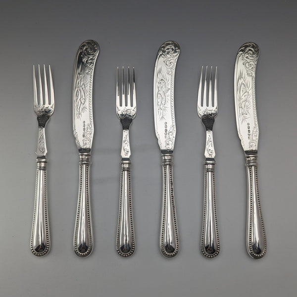 Late 19th Century British Antique All Sterling Silver Fish Cutlery 3 Pairs by John Gilbert