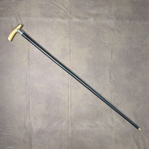Antique Men's Walking Stick, Horn, Clutch Handle, Black Shaft, Pure Silver Decoration, 90cm