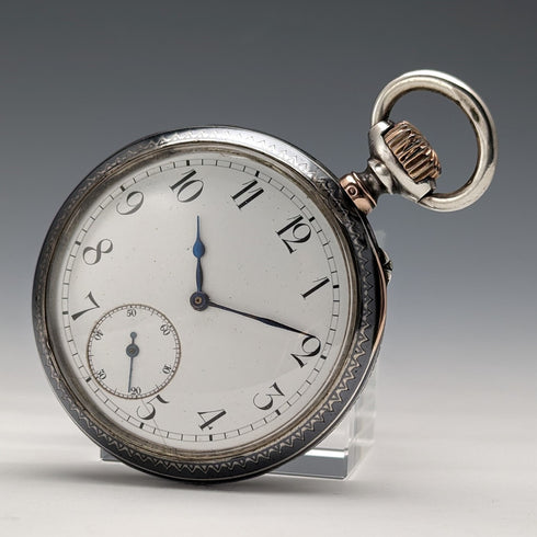 Antique Longines pocket watch from around 1890, silver side, fine Niello case, in good working order