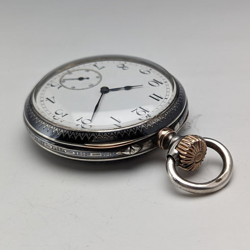Antique Longines pocket watch from around 1890, silver side, fine Niello case, in good working order