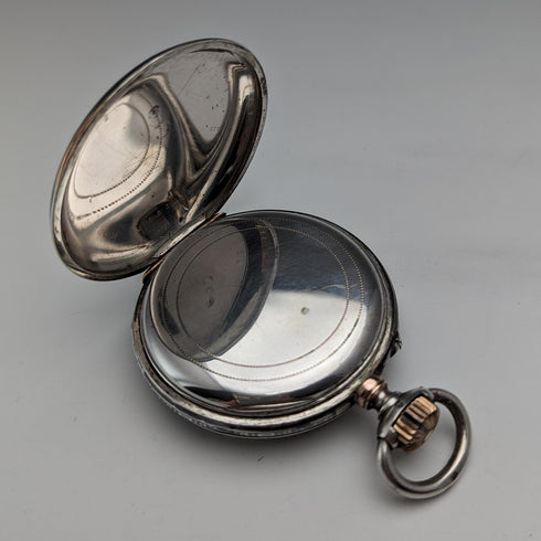 Antique Longines pocket watch from around 1890, silver side, fine Niello case, in good working order