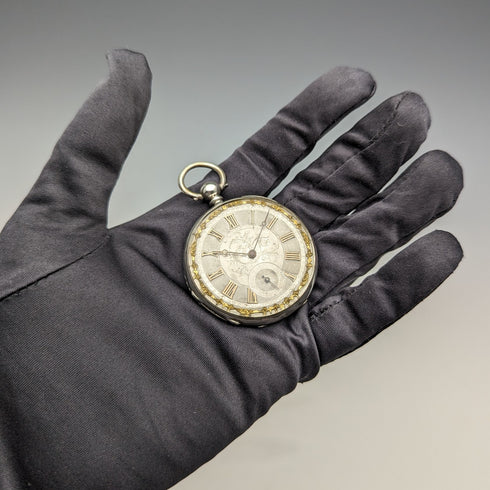 1880年頃 アンティーク Bauer 装飾ダイヤル 鍵巻き 懐中時計 銀側 直径44mm 稼働品 訳あり